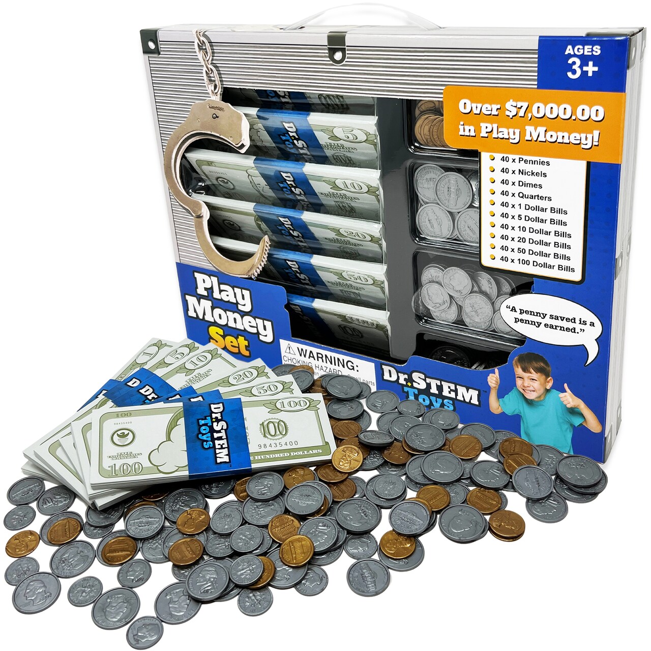 Dr. STEM: Play Money Set - 400pc Play Bills & Coins, Realistic Fake Currency, Learn Math-Counting-Saving-Financial Responsibility, Carry Case, Kids 3+